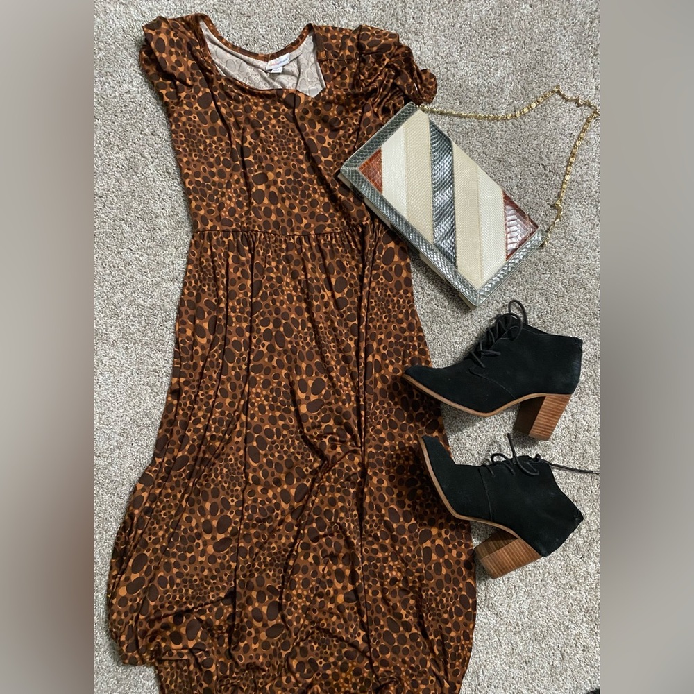 LuLaRoe Riley Dress- Brown and Black Midi with Bubble Hem